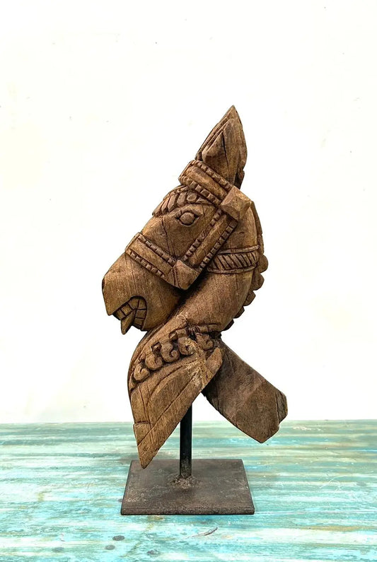 Vintage Hand-Carved Wooden Horse on Iron Stand – Table Décor Piece