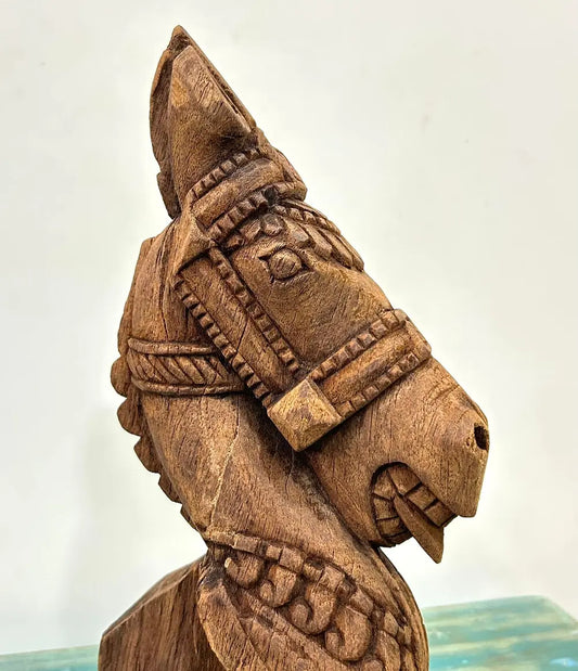 Vintage Hand-Carved Wooden Horse on Iron Stand – Table Décor Piece