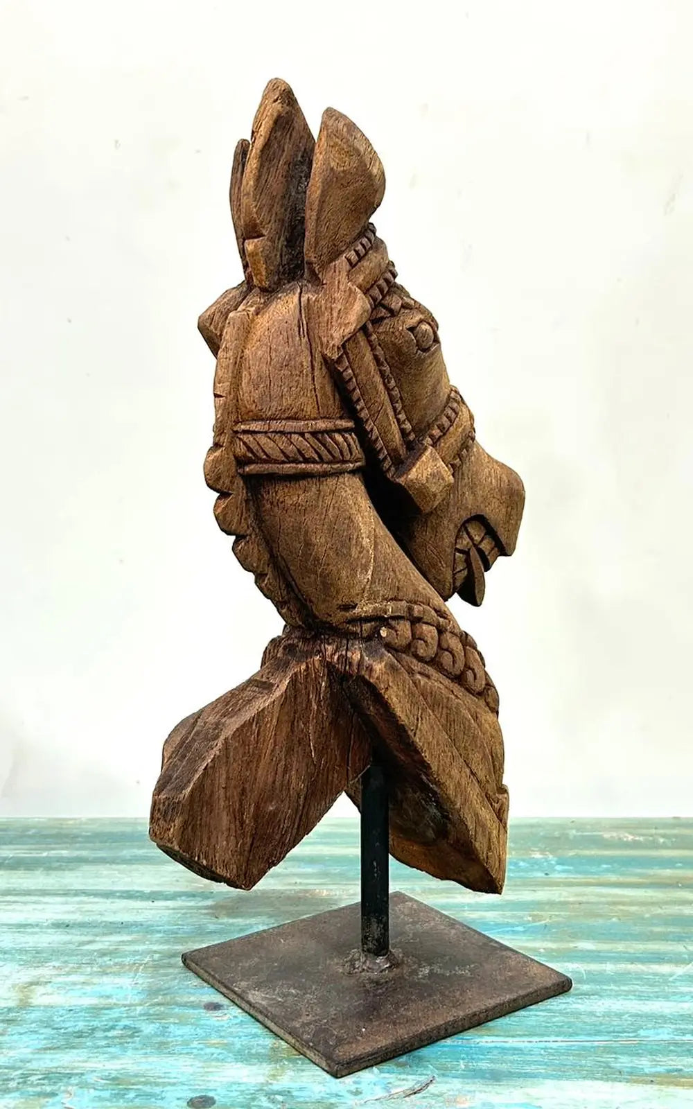 vintage hand-carved wooden horse on iron stand – table décor piece