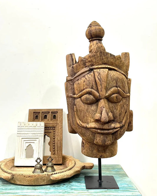 Vintage Hand-Carved Wooden Tribal Head Sculpture – Antique Natural Wood Artefact