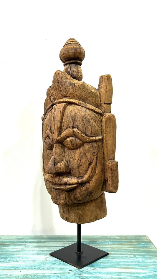 Vintage Hand-Carved Wooden Tribal Head Sculpture – Antique Natural Wood Artefact