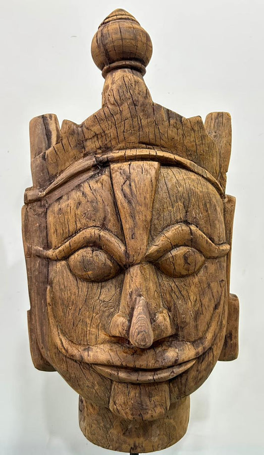 Vintage Hand-Carved Wooden Tribal Head Sculpture – Antique Natural Wood Artefact