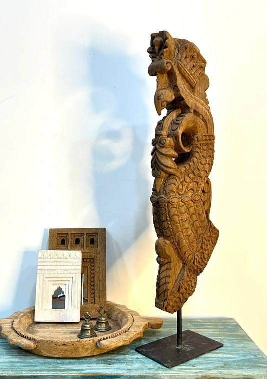 Vintage Hand-Carved Wooden Decor Bracket on Iron Stand – Natural Wood Finish