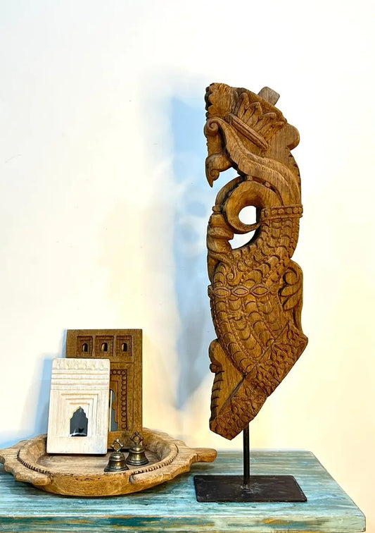Vintage Hand-Carved Wooden Decor Bracket on Iron Stand – Natural Wood Finish