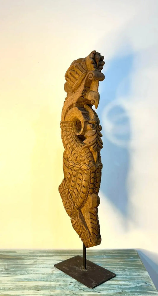 Vintage Hand-Carved Wooden Decor Bracket on Iron Stand – Natural Wood Finish