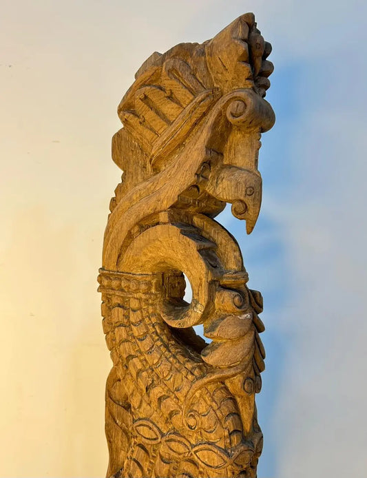 Vintage Hand-Carved Wooden Decor Bracket on Iron Stand – Natural Wood Finish