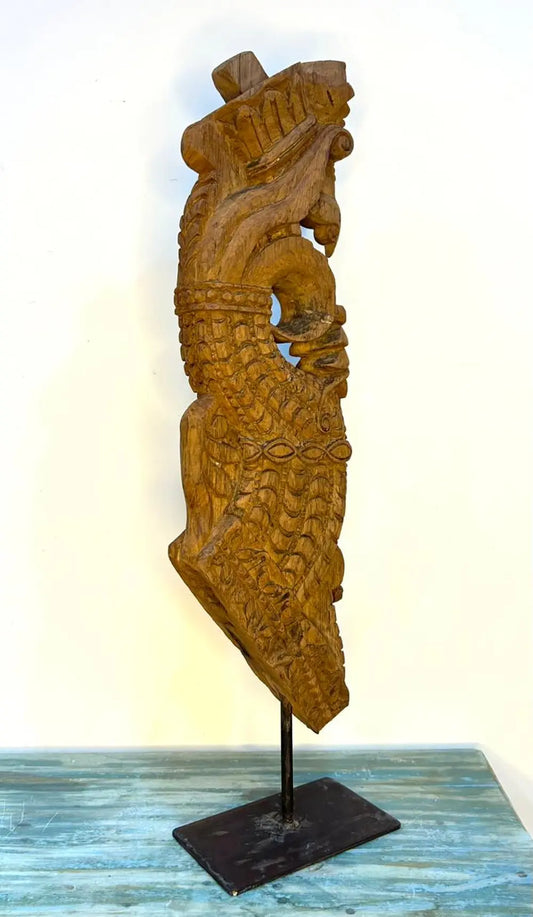 Vintage Hand-Carved Wooden Decor Bracket on Iron Stand – Natural Wood Finish