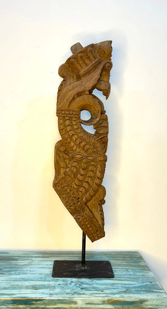 Vintage Hand-Carved Wooden Decor Bracket on Iron Stand – Natural Wood Finish