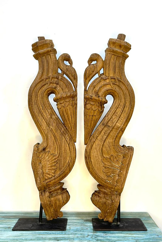 Vintage Hand-Carved Natural Wood Decorative Bracket Pair