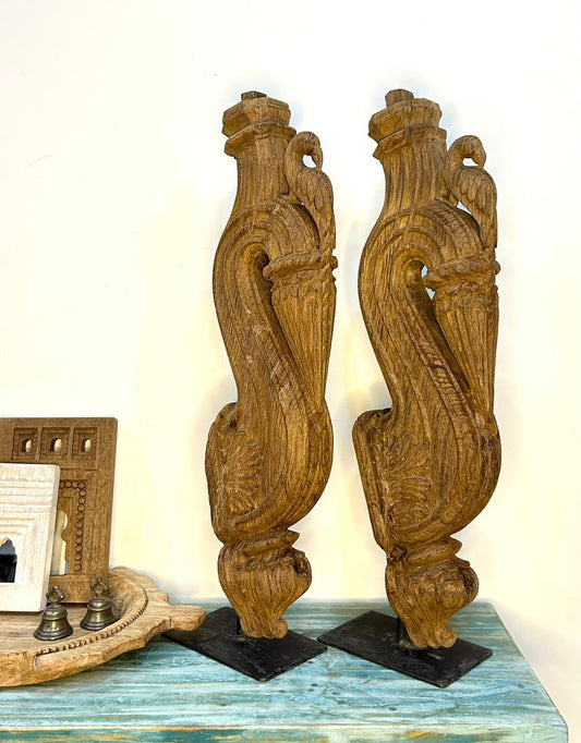 Vintage Hand-Carved Natural Wood Decorative Bracket Pair
