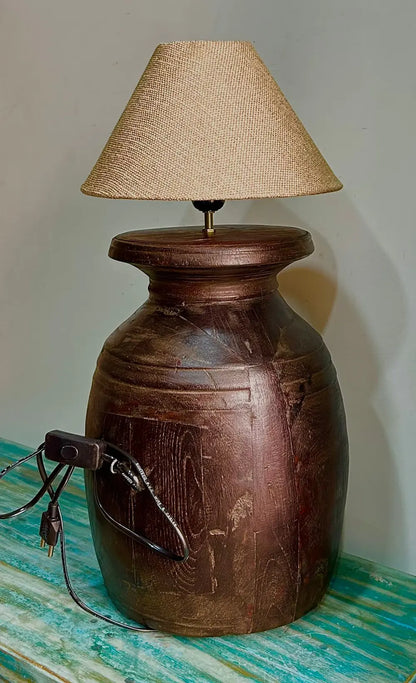 Antique Nepali Storage Pot Lamp – Unique Wooden Accent Lighting