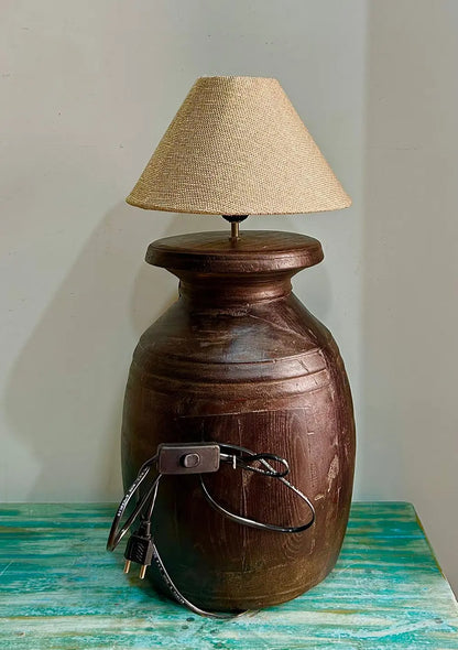Antique Nepali Storage Pot Lamp – Unique Wooden Accent Lighting