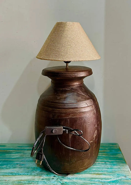 Antique Nepali Storage Pot Lamp – Unique Wooden Accent Lighting