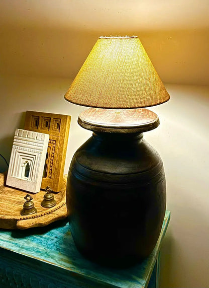 Antique Nepali Storage Pot Lamp – Unique Wooden Accent Lighting