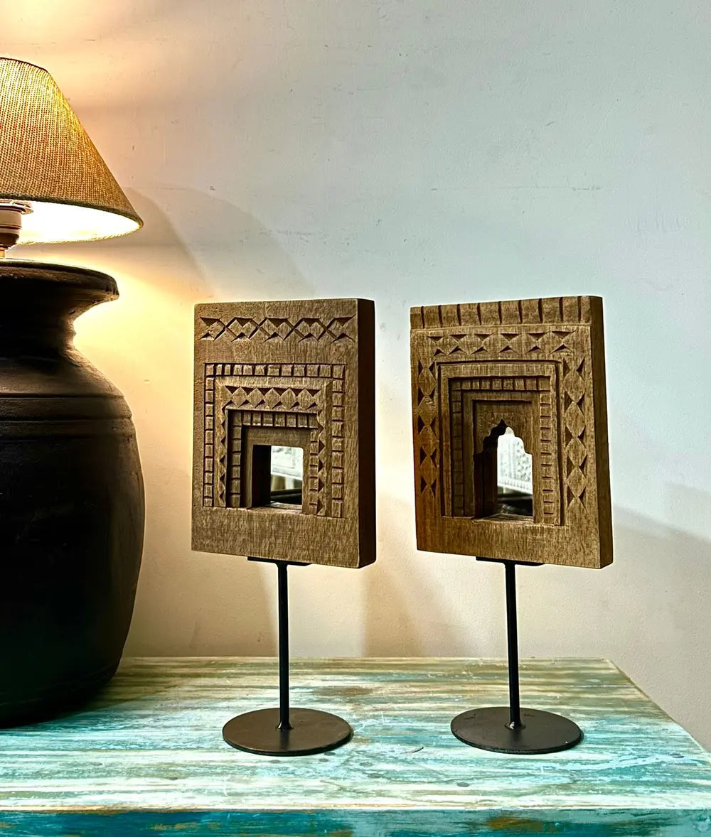 natural wood temple mirror decor set on iron stand – set of 2