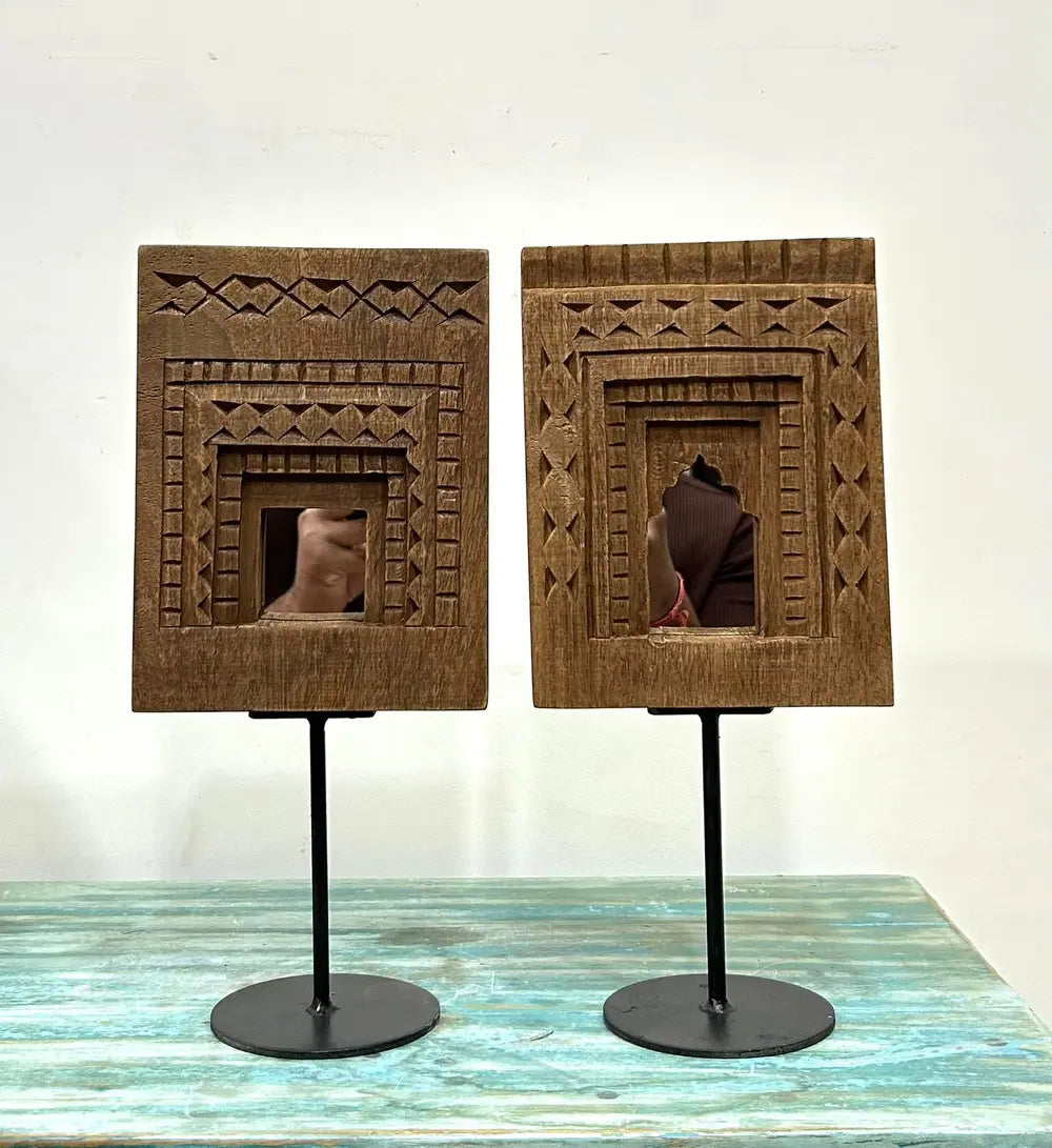 natural wood temple mirror decor set on iron stand – set of 2