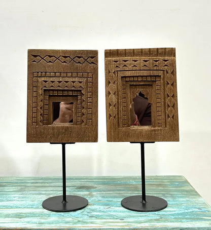 Natural Wood Temple Mirror Decor Set on Iron Stand – Set of 2