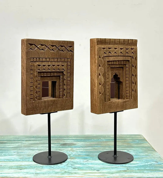 Natural Wood Temple Mirror Decor Set on Iron Stand – Set of 2
