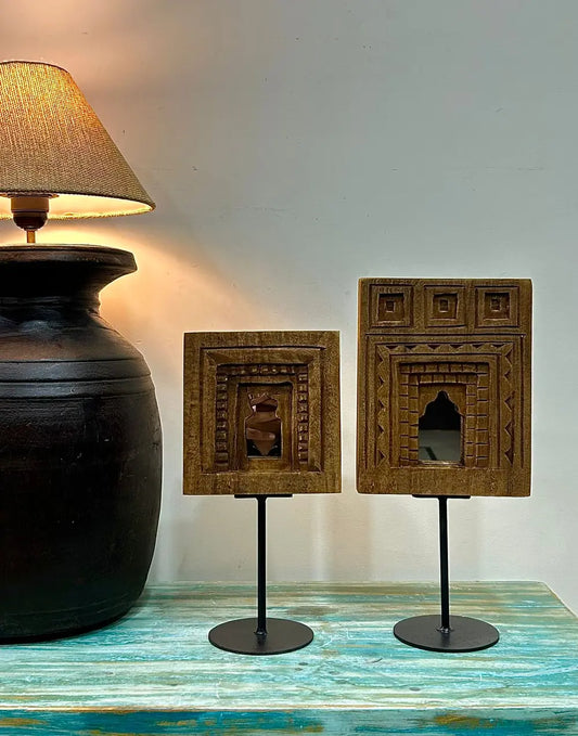 Brown Wood Temple Mirror Decor Set on Iron Stand – Set of 2