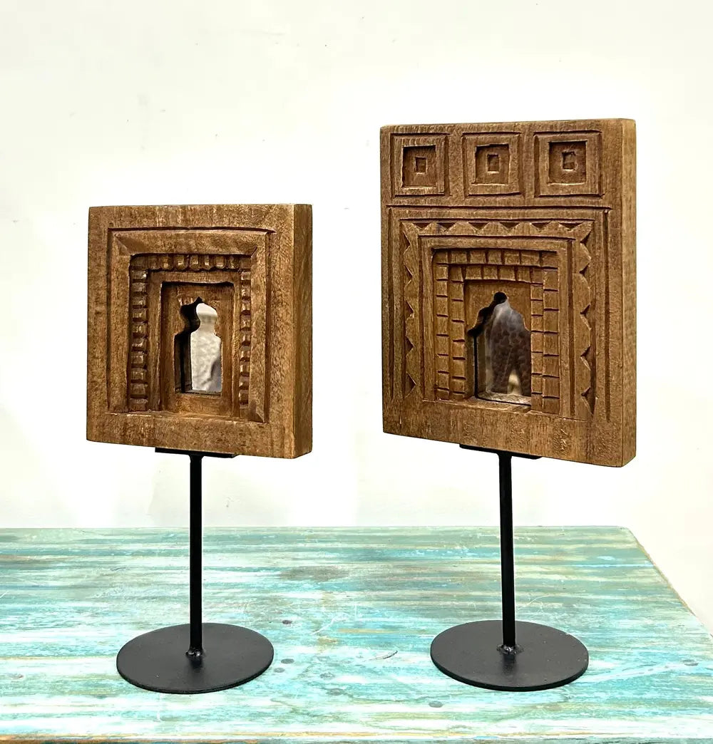 brown wood temple mirror decor set on iron stand – set of 2