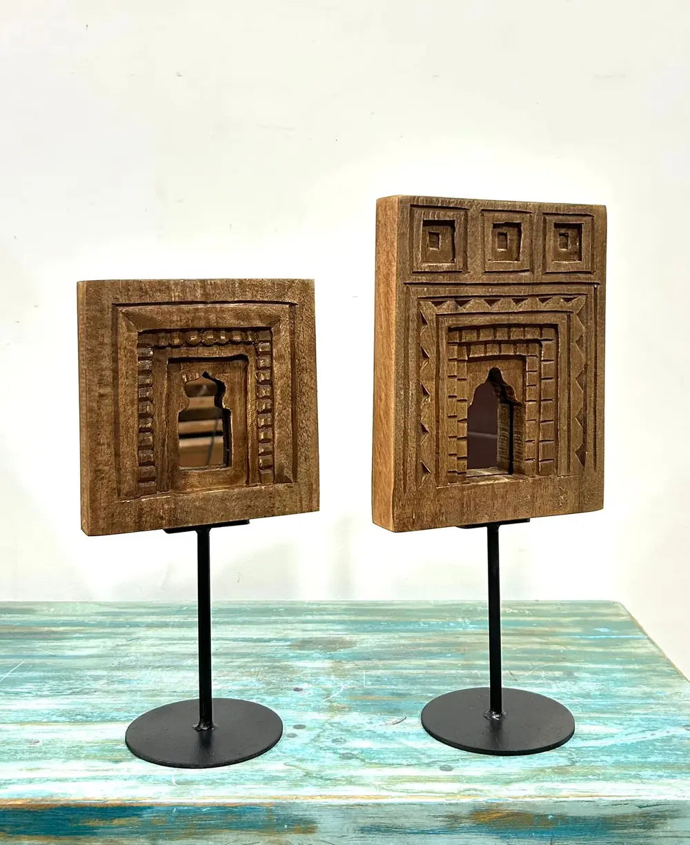 brown wood temple mirror decor set on iron stand – set of 2