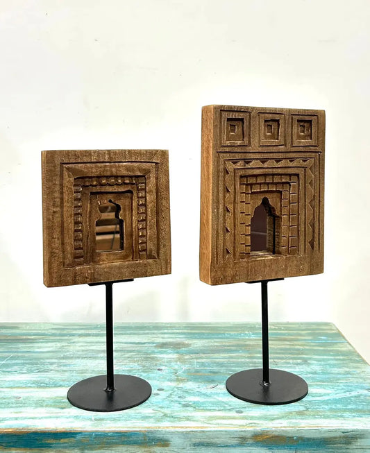 Brown Wood Temple Mirror Decor Set on Iron Stand – Set of 2