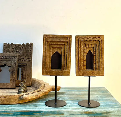 Wooden Temple Mirror Frame Pair with Iron Stand | Brown Finish Home Décor