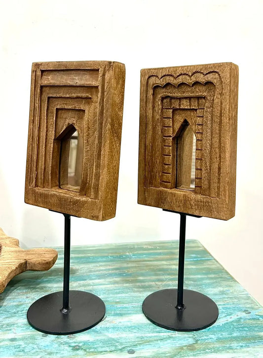 Wooden Temple Mirror Frame Pair with Iron Stand | Brown Finish Home Décor