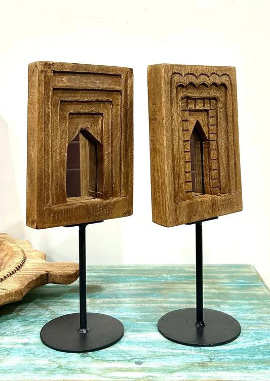 Wooden Temple Mirror Frame Pair with Iron Stand | Brown Finish Home Décor