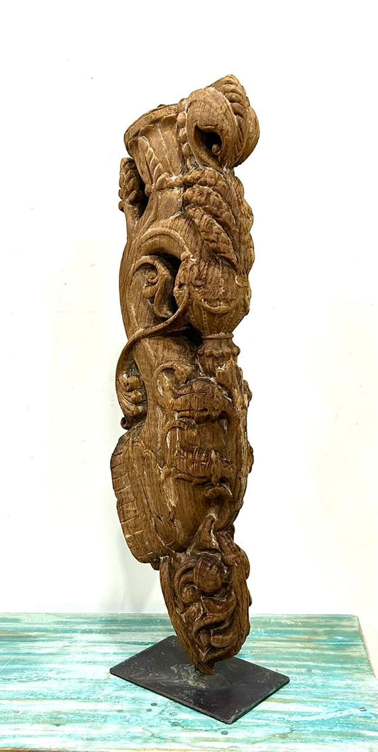 Vintage Hand-Carved Wooden Balcony Bracket on Iron Stand | Antique Architectural Decor