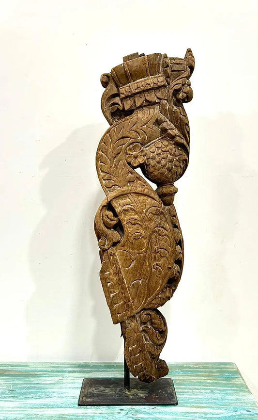 Vintage Hand-Carved Wooden Balcony Bracket Mounted on Iron Stand | Antique Decorative Piece