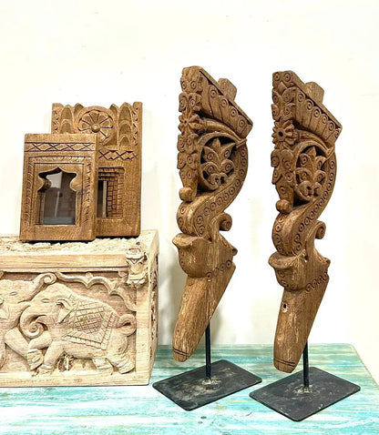 Handcrafted Natural Wood Decorative Bracket Pair – Traditional Tribal Design