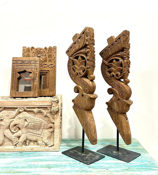 Handcrafted Natural Wood Decorative Bracket Pair – Traditional Tribal Design