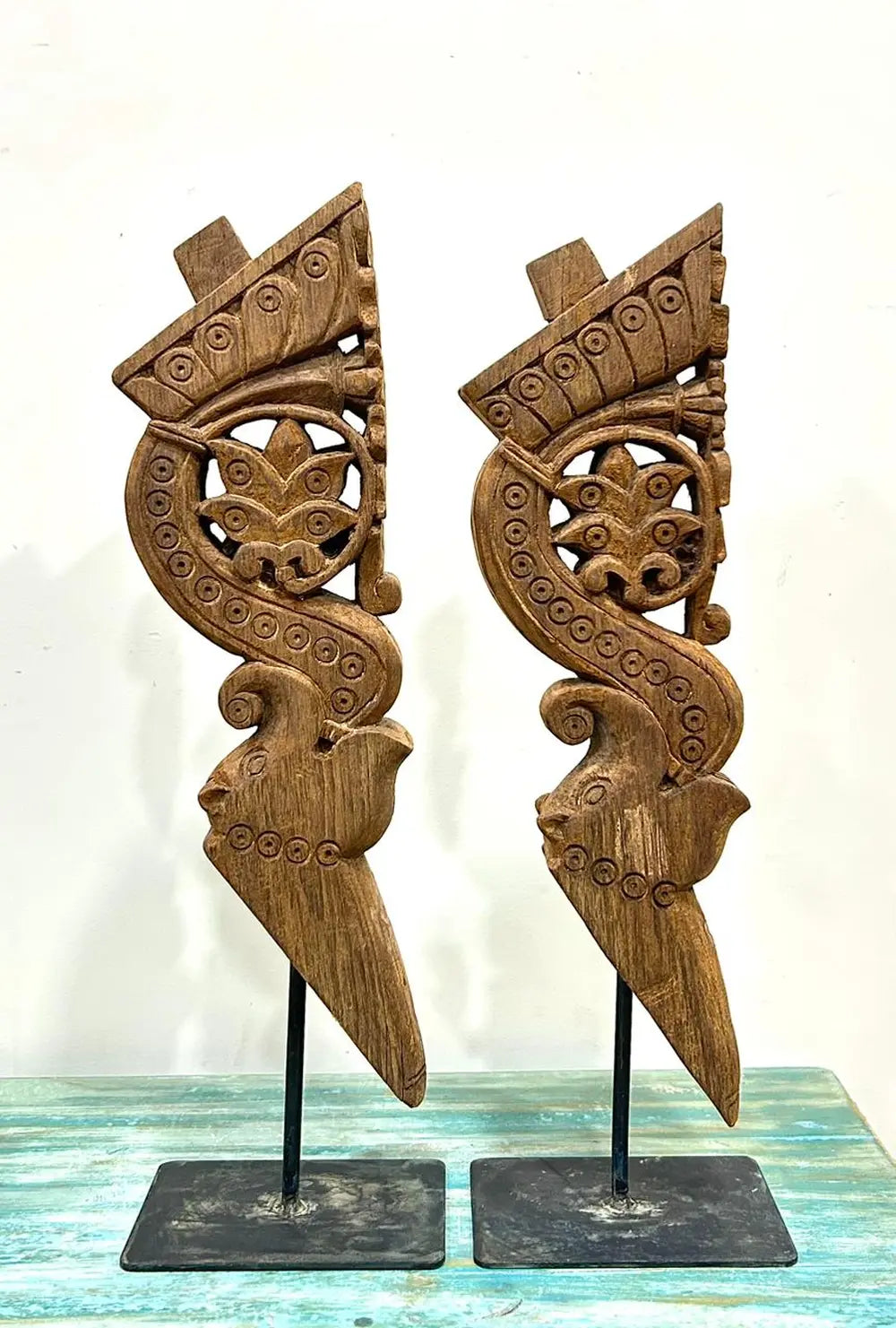handcrafted natural wood decorative bracket pair – traditional tribal design
