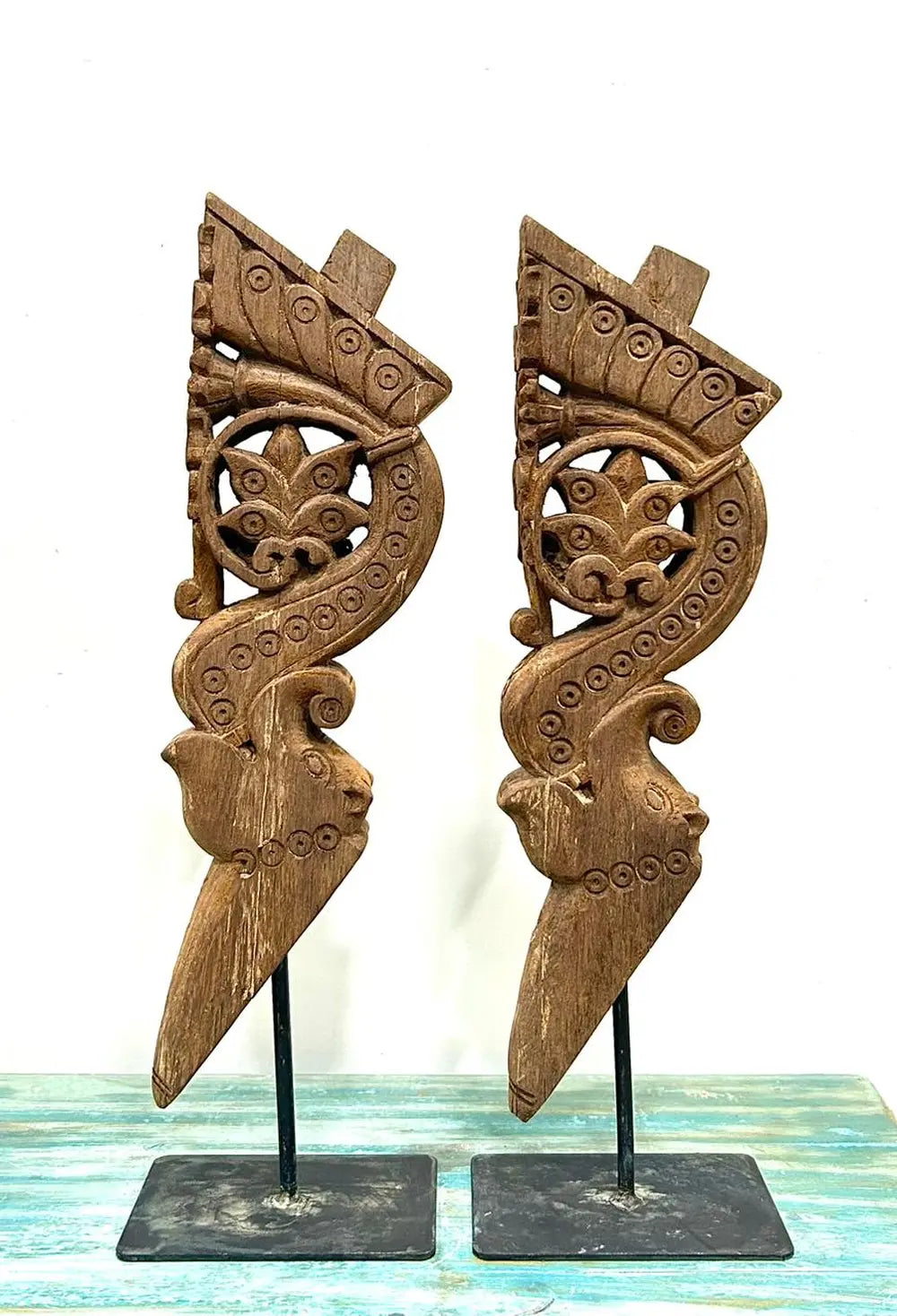 handcrafted natural wood decorative bracket pair – traditional tribal design