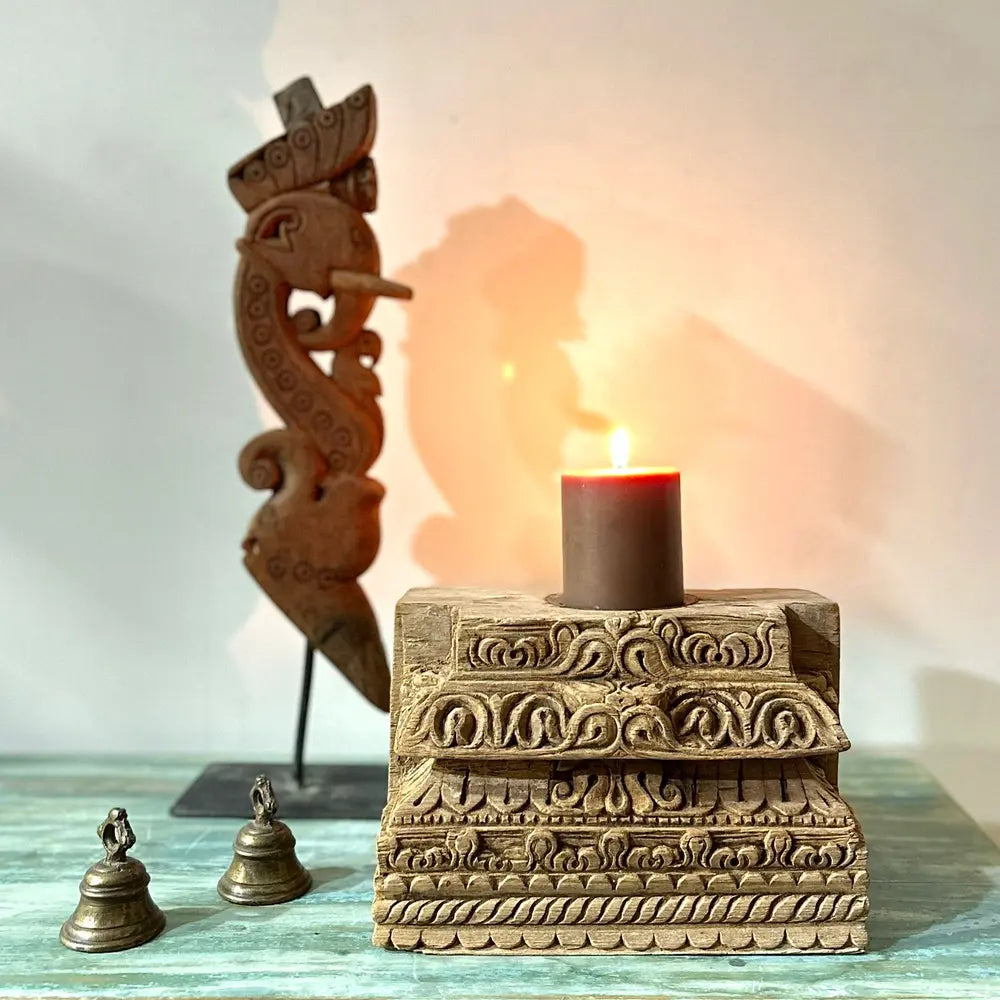 vintage handmade wooden base candle holder – bleached finish