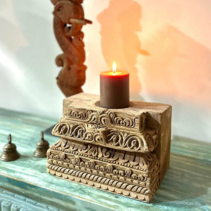 Vintage Handmade Wooden Base Candle Holder – Bleached Finish