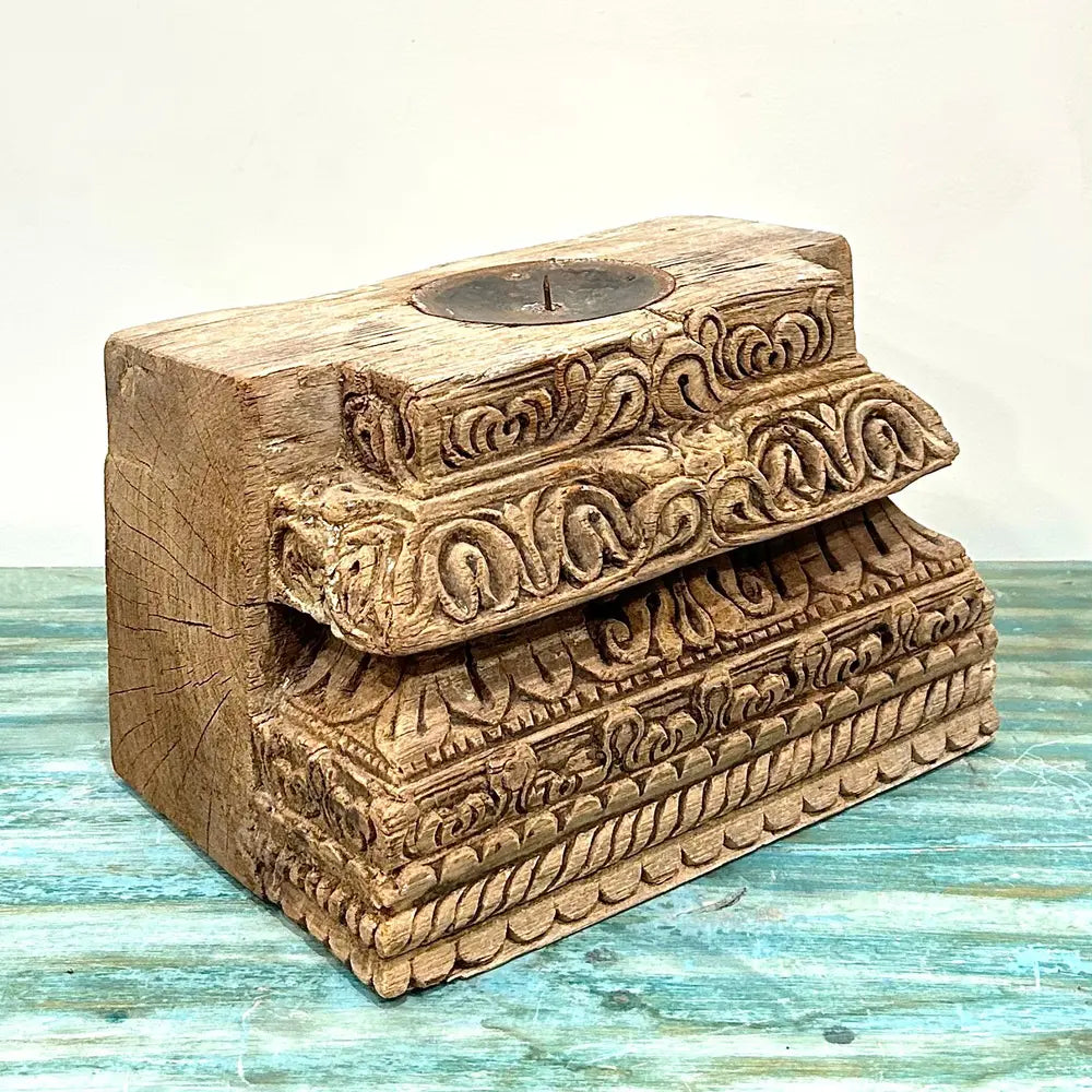 vintage handmade wooden base candle holder – bleached finish
