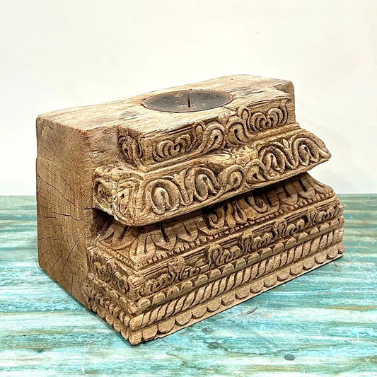 Vintage Handmade Wooden Base Candle Holder – Bleached Finish