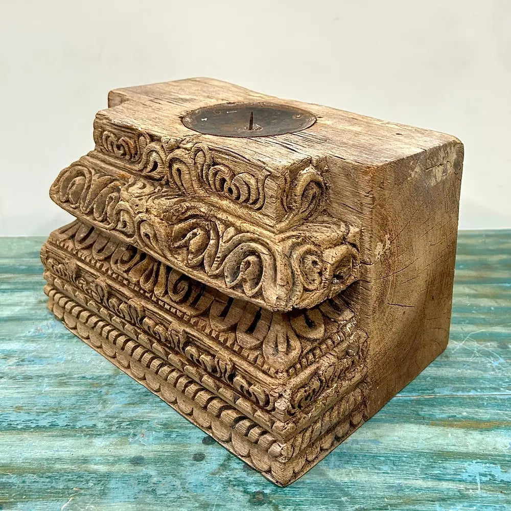 vintage handmade wooden base candle holder – bleached finish