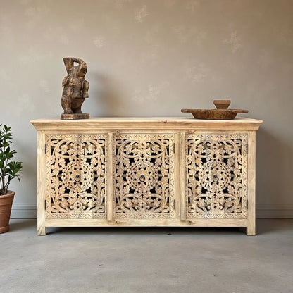 Hand-Carved Mango Wood Sideboard Cabinet with Floral Design – Natural Finish