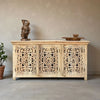 Hand-Carved Mango Wood Sideboard Cabinet with Floral Design – Natural Finish