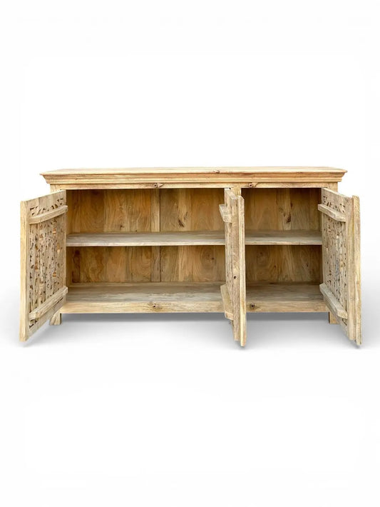 Hand-Carved Mango Wood Sideboard Cabinet with Floral Design – Natural Finish