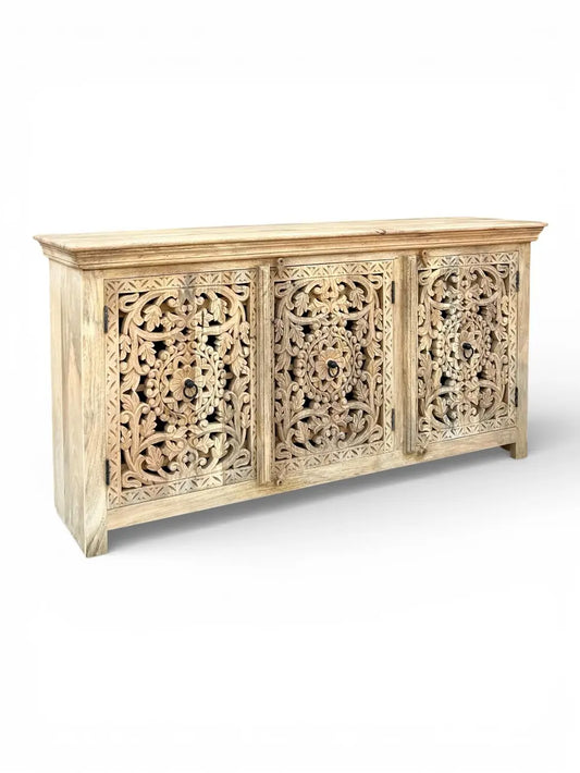 Hand-Carved Mango Wood Sideboard Cabinet with Floral Design – Natural Finish