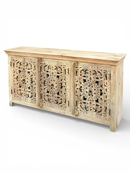 Hand-Carved Mango Wood Sideboard Cabinet with Floral Design – Natural Finish