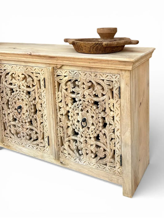 Hand-Carved Mango Wood Sideboard Cabinet with Floral Design – Natural Finish