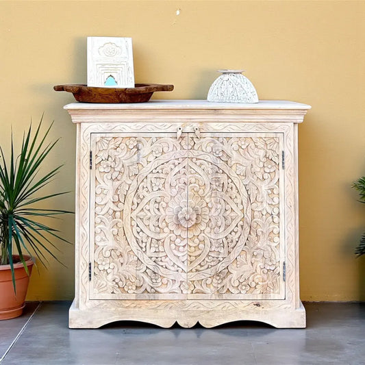 Hand-Carved Mango Wood Sideboard Cabinet in White Wash Finish