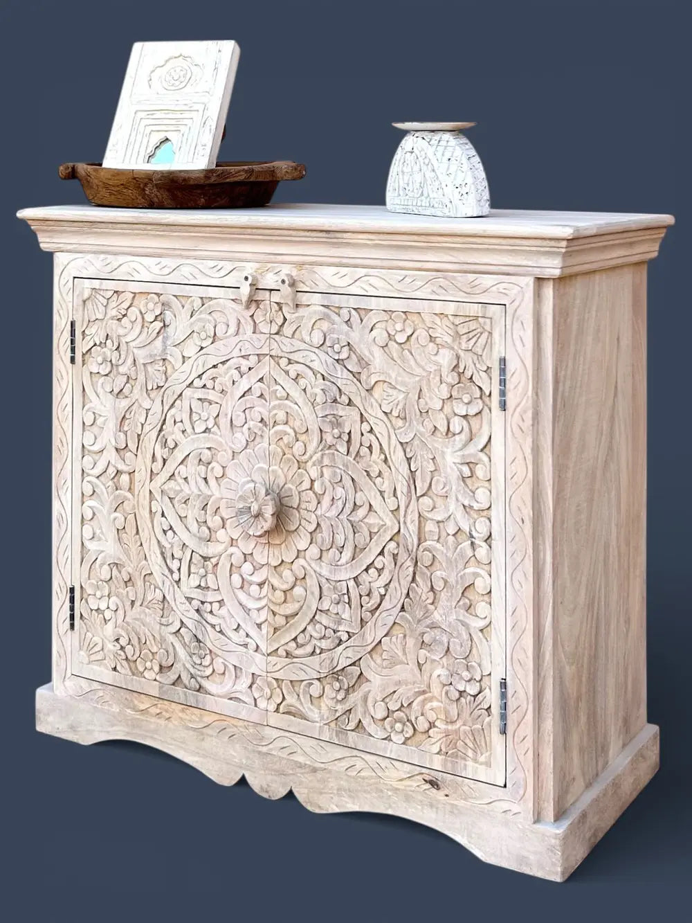 hand-carved mango wood sideboard cabinet in white wash finish