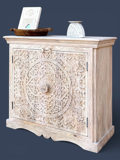 Hand-Carved Mango Wood Sideboard Cabinet in White Wash Finish