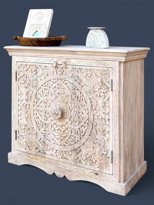 Hand-Carved Mango Wood Sideboard Cabinet in White Wash Finish